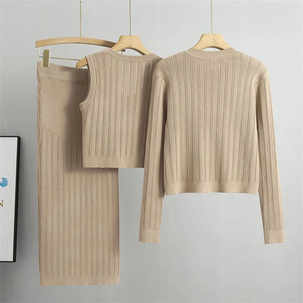 3 Piece Ribbed Cotton Blend Sweater + Top + MAXI Skirt Set