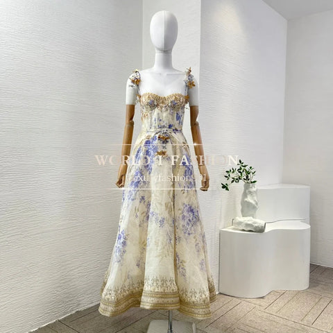 Elegant Luxury 100% Silk+ 100% Linen Vintage A - Line Floral Print MIDI Dress - Wigging It Etc