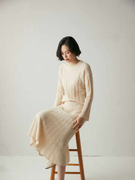 100%*Alxa Cashmere Pullover Sweater+Pleated Autumn Winter MIDI Skirt Set