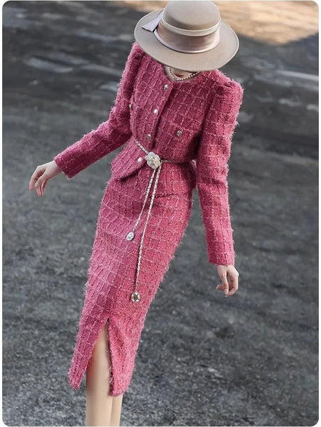 2 Piece Cotton+Wool Blend Autumn Winter English Tweed MIDI Skirt Set - Wigging It Etc