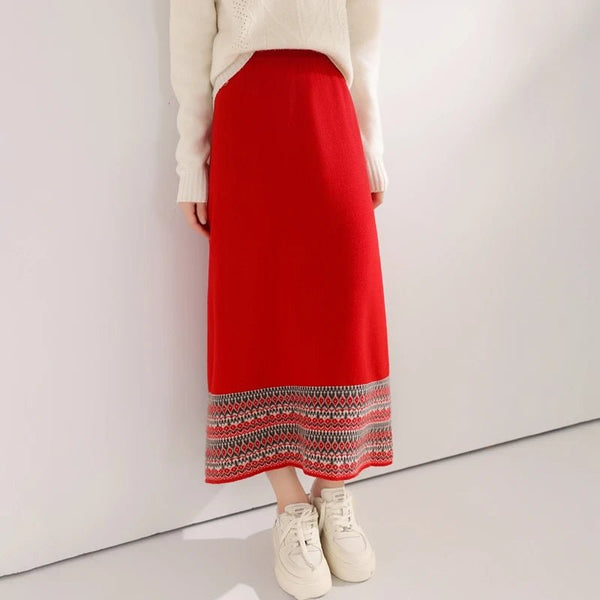100% Wool Ethnic Style Color Block A - Line MIDI Skirt - Wigging It Etc