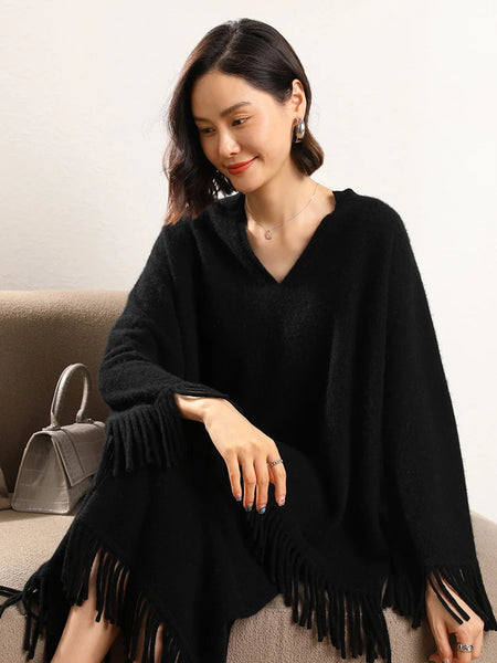 Roomy 2 Piece 100% Cashmere Tasseled Bohemian Sweater+MIDI Skirt Set