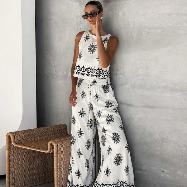 2 Piece Cotton Linen Print Tank Top+Palazzo Pants Set
