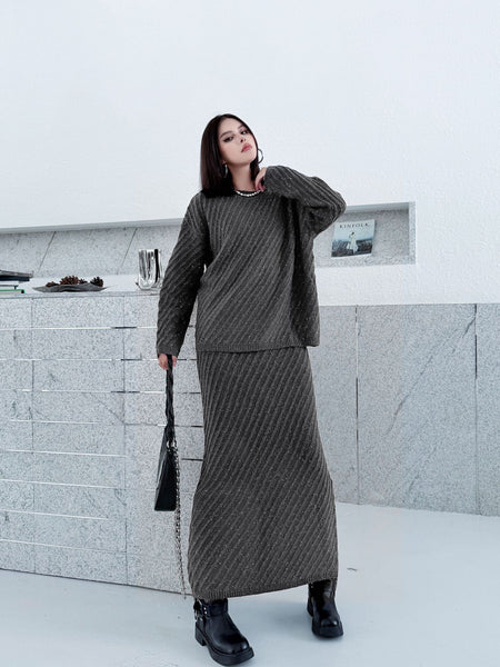 2 Piece Cotton Blend Oversized Pullover Sweater+MAXI Skirt Set
