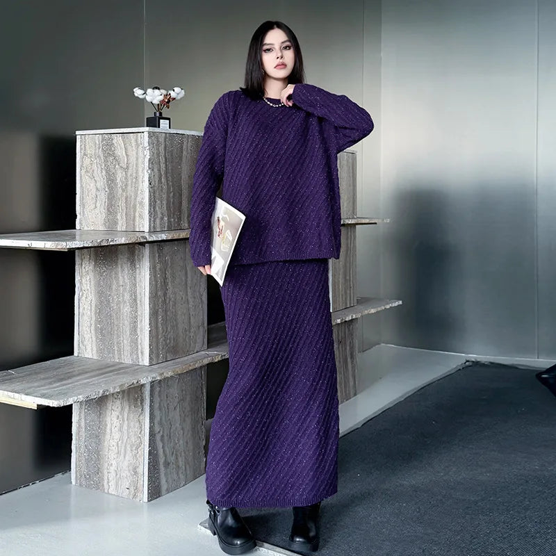2 Piece Cotton Blend Oversized Pullover Sweater+MAXI Skirt Set