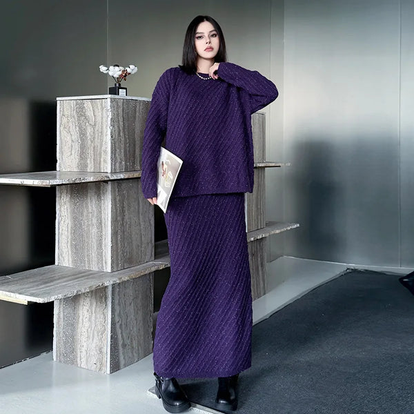 2 Piece Cotton Blend Oversized Pullover Sweater+MAXI Skirt Set