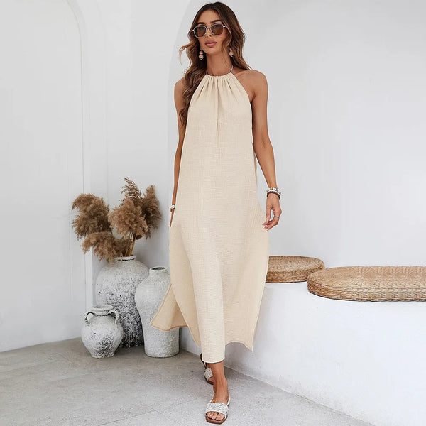 100% Cotton Gauze Sexy Backless Halter Bandage MAXI Dress