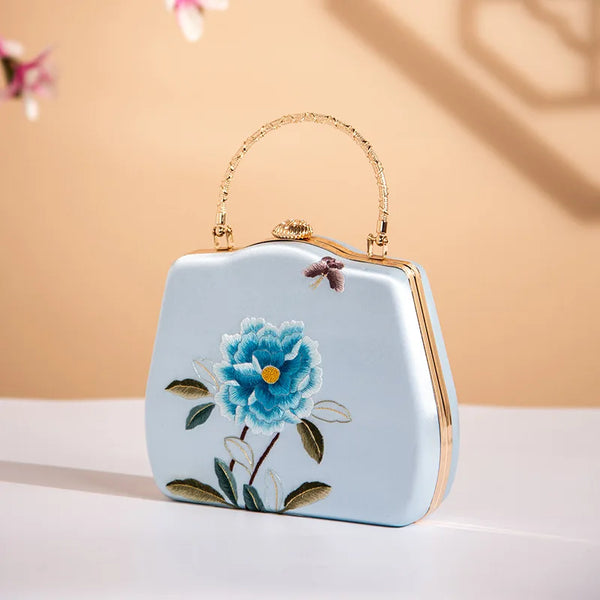 Sophisticated Retro Embroidered Silky Gold-Edged Hand + Shoulder Bag