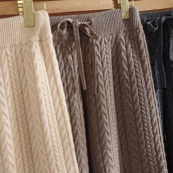 100% Merino Wool Thick + Fluffy Cable Knit Warm Winter Palazzo Pants