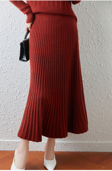 Elegant 100% Merino Wool Pullover Sweater+A-Line MAXI Skirt Set
