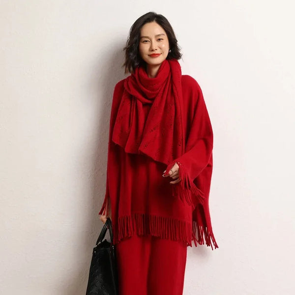 Roomy 2 Piece 100% Cashmere Tasseled Bohemian Sweater+MIDI Skirt Set