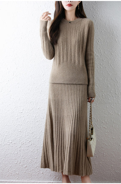Elegant 100% Merino Wool Pullover Sweater+A-Line MAXI Skirt Set