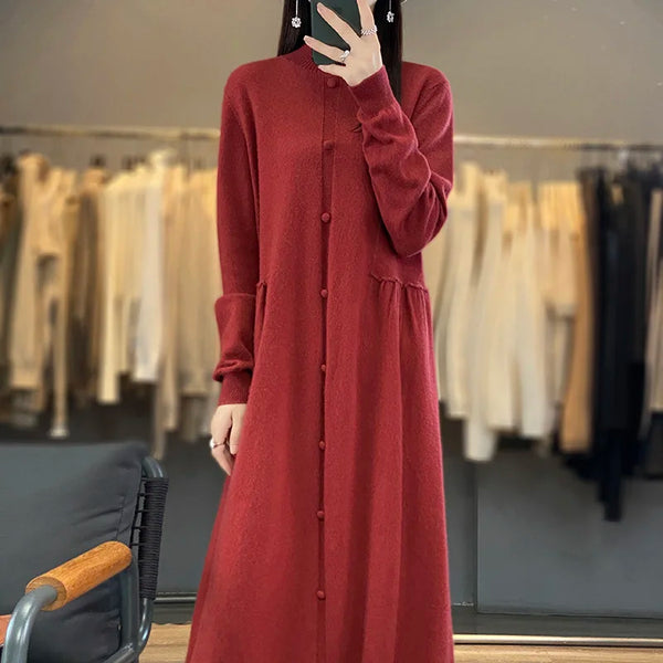 100% Cashmere + 100% Wool Knit Long-Sleeved MAXI Dress