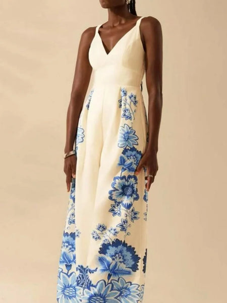 Simple Playful English Style V-Neck Palazzo Jumpsuit