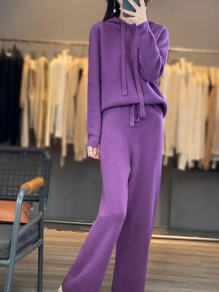 2 Piece 100%Australian Wool Hoodie + Palazzo Pants Set