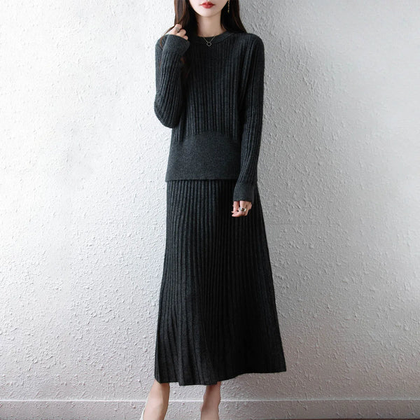Elegant 100% Merino Wool Pullover Sweater+A-Line MAXI Skirt Set