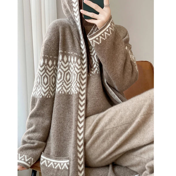 Thick Luxurious 100% Merino Wool Hooded MIDI Cardigan Winter Coat
