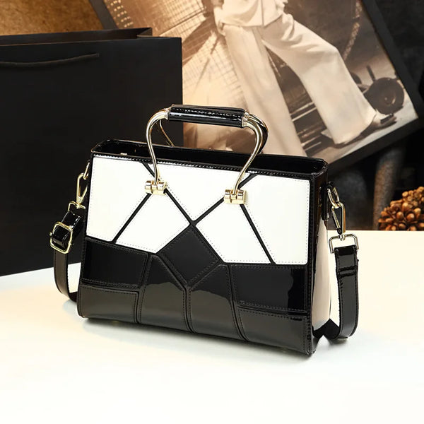 Upscale Unique Luxury Plaid Print Patent Leather Top Handle Bag