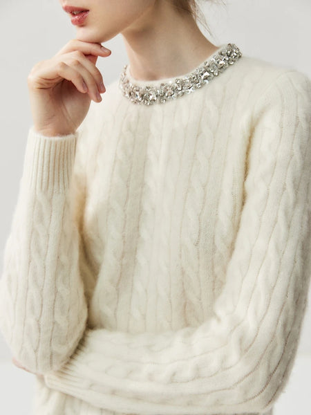 Bejeweled 100% Cashmere Cable Knit Grace Kelly Style Pullover Sweater