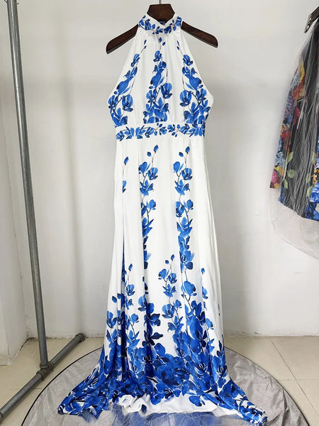 Elegant Vintage Cotton Blend A-Line MAXI Halter Dress