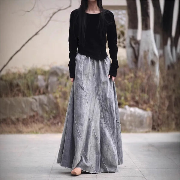 Vintage Cotton Linen Tie-Dye Patchwork A-Line MAXI Skirt