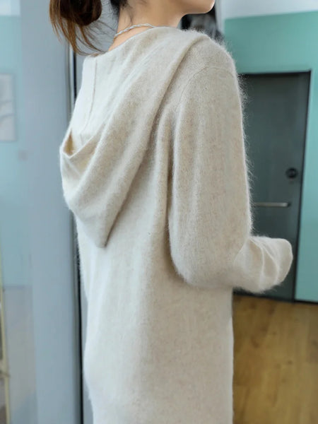 100% Mink Cashmere Hooded Knit Pullover Winter MAXI Sweater Dress