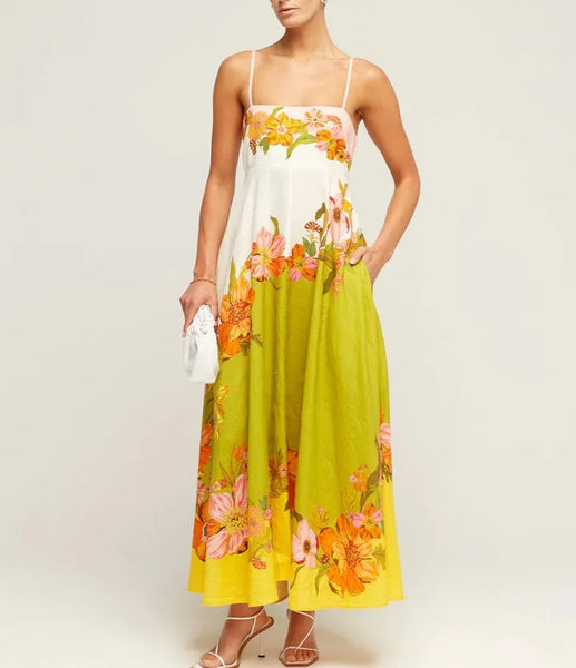 100% Linen A-Line Retro Floral Print Maxi Sundress