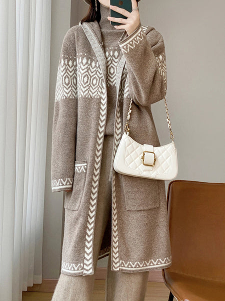 Thick Luxurious 100% Merino Wool Hooded MIDI Cardigan Winter Coat