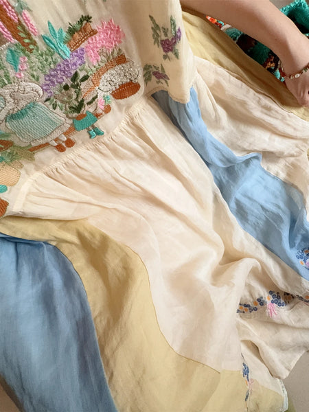 Exquisitely Embroidered Quirky A-Line Ramie+Linen  MIDI Dress