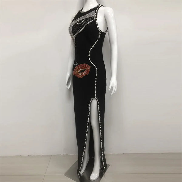 Sexy Curve Hugging Blingy 100% Cotton Front Split MAXI Party Dress