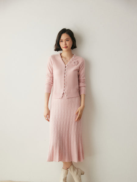 100%*Alxa Cashmere Pullover Sweater+Pleated Autumn Winter MIDI Skirt Set