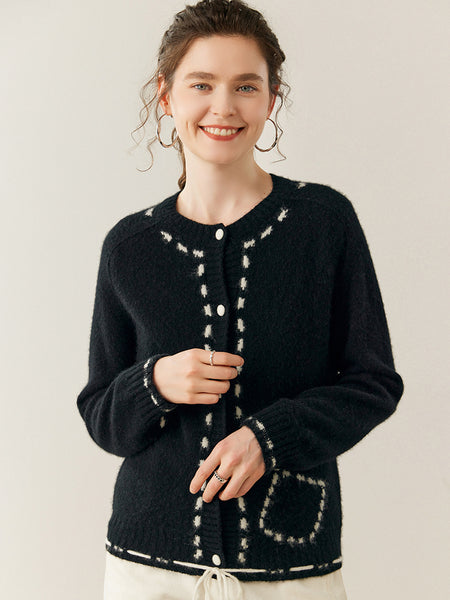100% Cashmere String-Piped Densely Knit Warm Cardigan