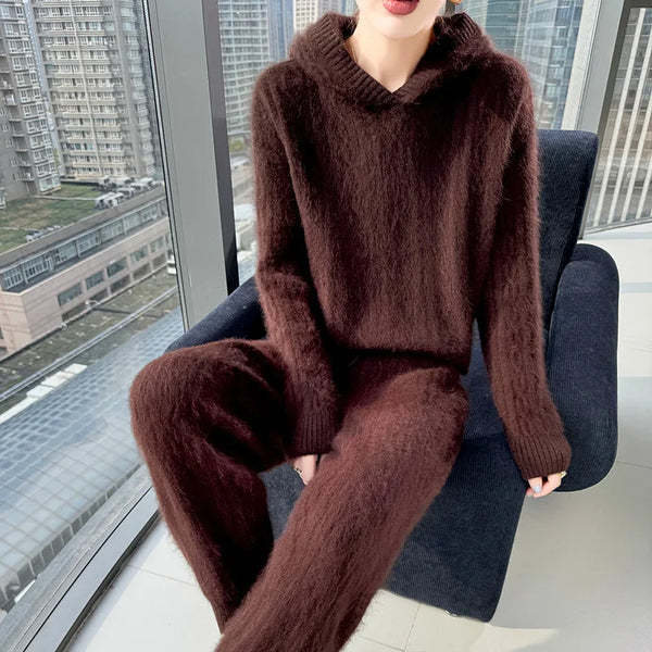 Super Thick Warm 2 Piece 100% Wool Hoodie+Pencil Pants Set
