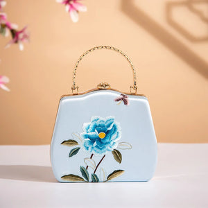 Sophisticated Retro Embroidered Silky Gold-Edged Hand + Shoulder Bag