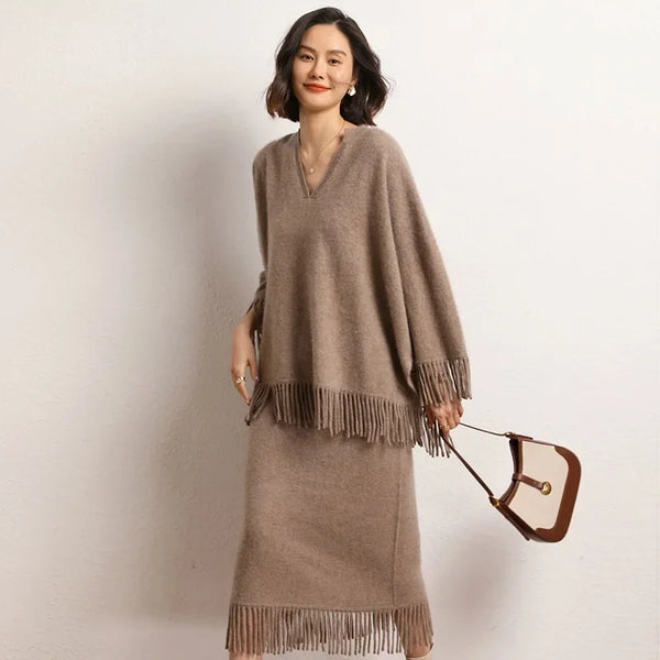 Roomy 2 Piece 100% Cashmere Tasseled Bohemian Sweater+MIDI Skirt Set