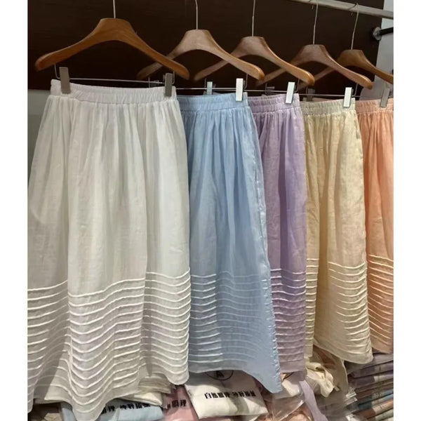 Elegant Upscale Ruched A-Line Ramie Linen MAXI Skirt