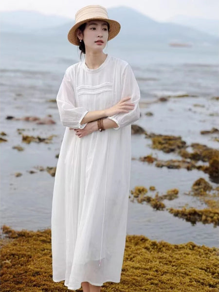 100% Ramie Pleated Double Layer Lace-Up MAXI Dress