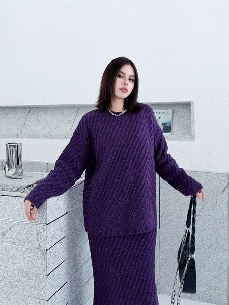 2 Piece Cotton Blend Oversized Pullover Sweater+MAXI Skirt Set