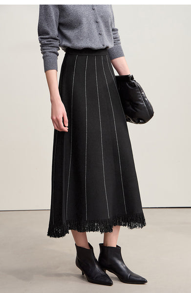 Elegant Minimalist Tassel Hemmed Warm Wool Blend A A-LineWinter MAXI Skirt