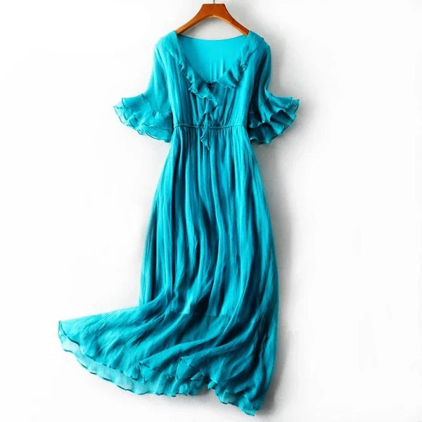 Playful Elegant 100% Pure Silk MAXI Dress