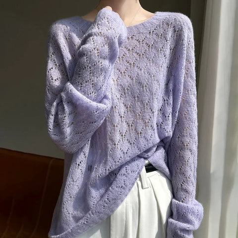 Premium Quality Cashmere+Mulberry Silk Blended Hollowed Baggy Sweater