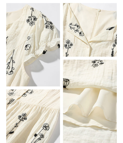 Minimalist Linen Blend A-Line Embroidered French Floral MIDI Dress