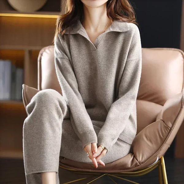 Elegant 2-Piece Cashmere Wool Blend Sweater + Palazzo Pants Set