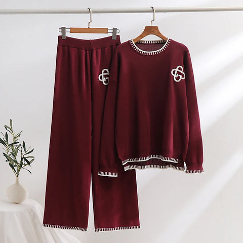 Elegant Embroidered Cotton Blend 2-Piece Sweater + Palazzo Knit Set