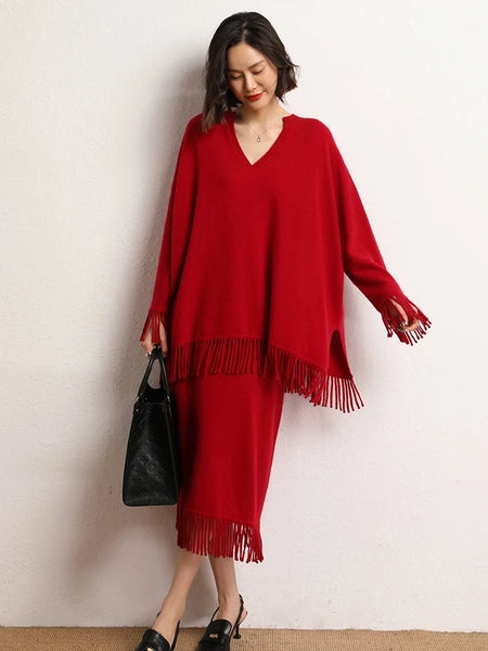 Roomy 2 Piece 100% Cashmere Tasseled Bohemian Sweater+MIDI Skirt Set