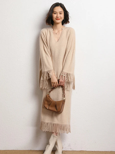 Roomy 2 Piece 100% Cashmere Tasseled Bohemian Sweater+MIDI Skirt Set