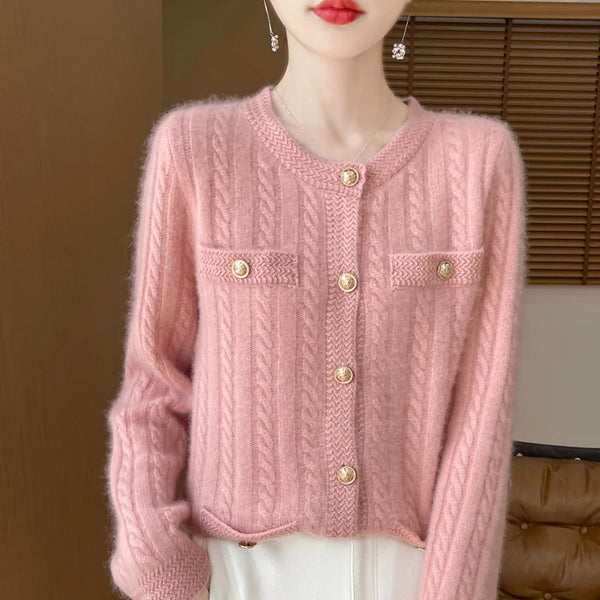 100% Merino Wool Buttoned Chanel Style Cable Knit Cardigan