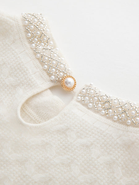 Classic French Minimalist 100% Cashmere Beaded Cable Knit Sweater