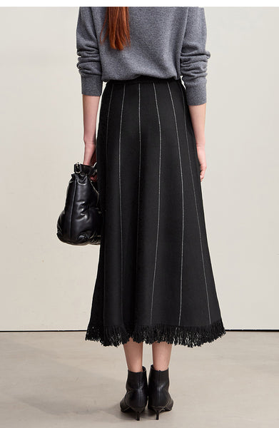 Elegant Minimalist Tassel Hemmed Warm Wool Blend A A-LineWinter MAXI Skirt