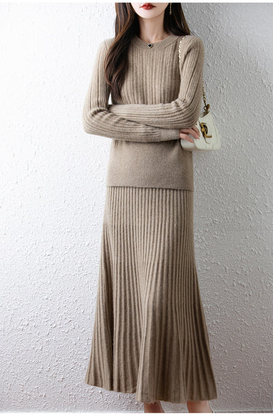 Elegant 100% Merino Wool Pullover Sweater+A-Line MAXI Skirt Set